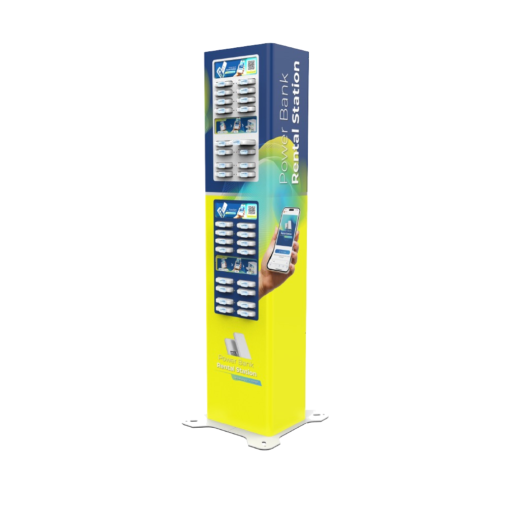 Portable charger kiosk met bedrijfslogo op evenement